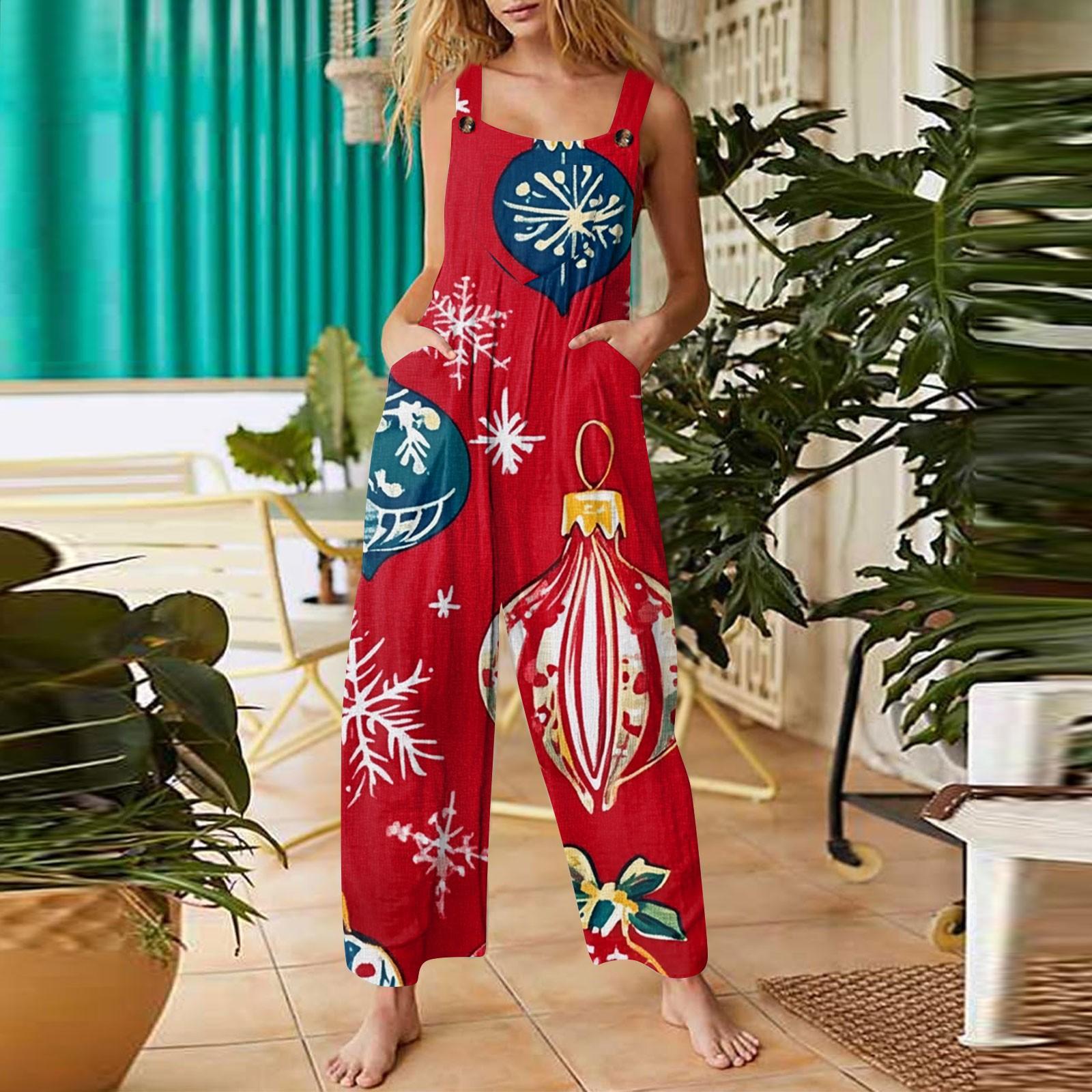 

Женский модный повседневный винтажный комбинезон без рукавов с рождественским принтом на пуговицах XL