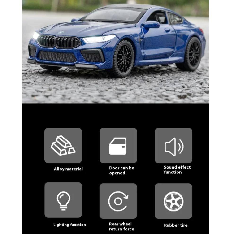 Model samochodu ze stopu BMW M8 w skali 1/32, Dźwięk i światło, Akcja sprężynowa, Zabawka do pokoju zabaw dla dzieci i przedmiot kolekcjonerski