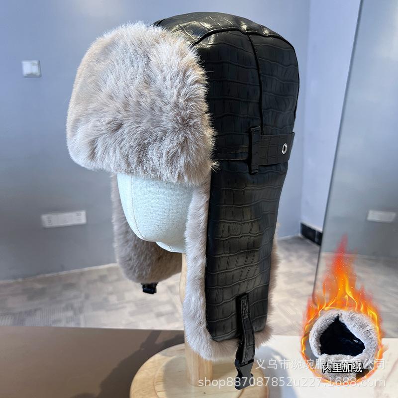 Leather Hat Lei Feng Hat Men's Winter Thickened Pilot Thermal Hat Women's Northeast Wind and Cold Cycling Ear Protection Locomotive Hat