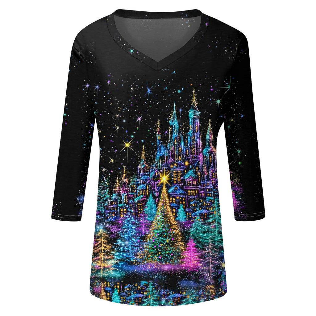 Trendy Vintage 3/4 Sleeve Top For Women,Ladies Casual Three Quarter Sleeve V-neck Printed T-Shirt Blouse