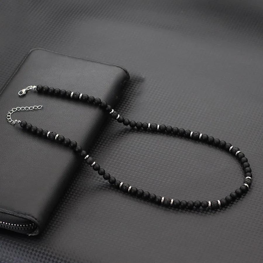 Mode Herr Choker Halsband 19 Tum Rostfritt Stål Spänne 6mm Naturlig Pärlhalsband Tigeröga Lavapärlor Kort Krage Gåva Till Honom