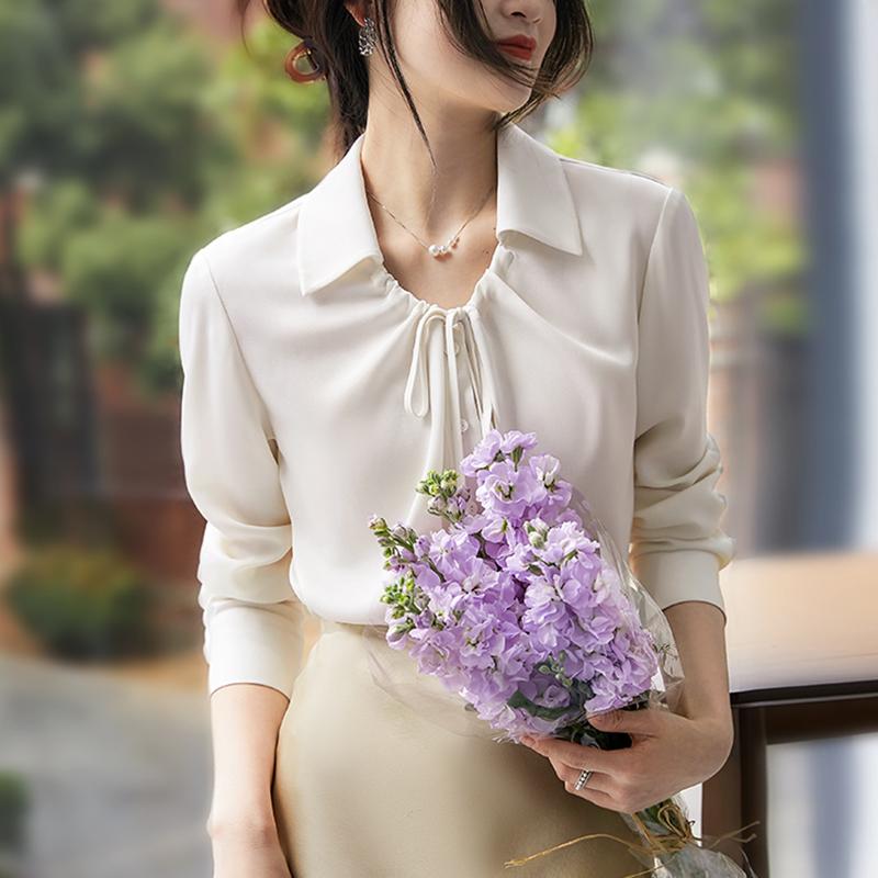 

Модные атласные женские белые рубашки с длинным рукавом и V-образным вырезом, повседневные офисные женские блузки с отложным воротником и шнуровкой, элегантные топы на пуговицах, женская рубашка 26069 L белый