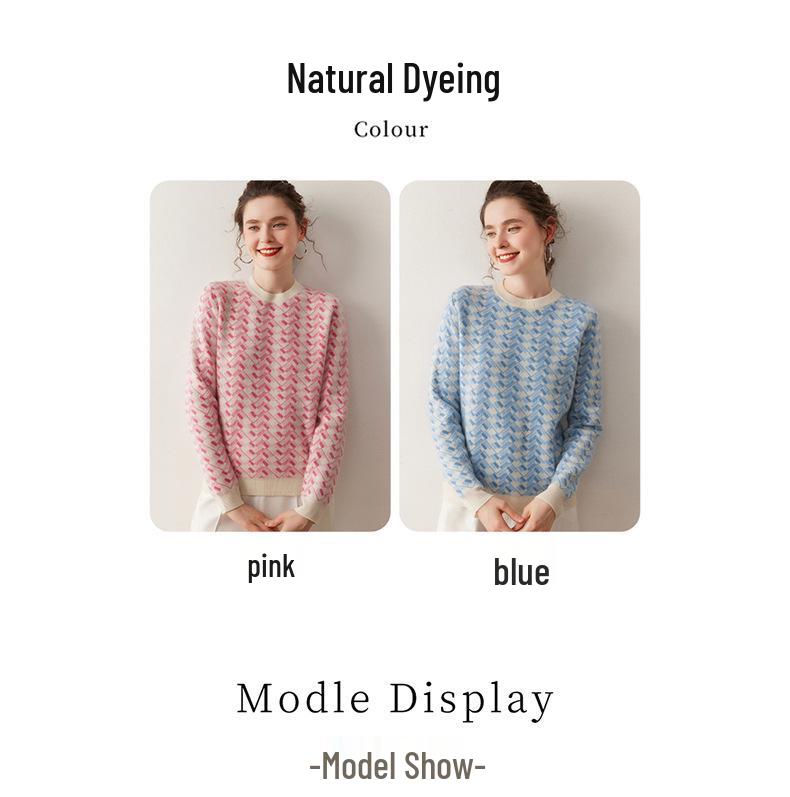 2025 Autumn/Winter Women's Soft Warm Cashmere Sweater – Color Block Round Neck Knit with Long Sleeves