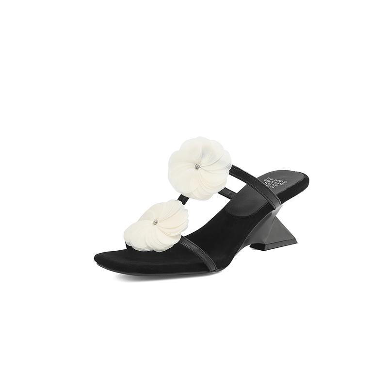 

Fashion New Summer Slippers Square Toe Shoes for Women Fashion Flower High Heels Slippers Handmade Chunky Heel Gladiator Shoes Black 34 чёрный