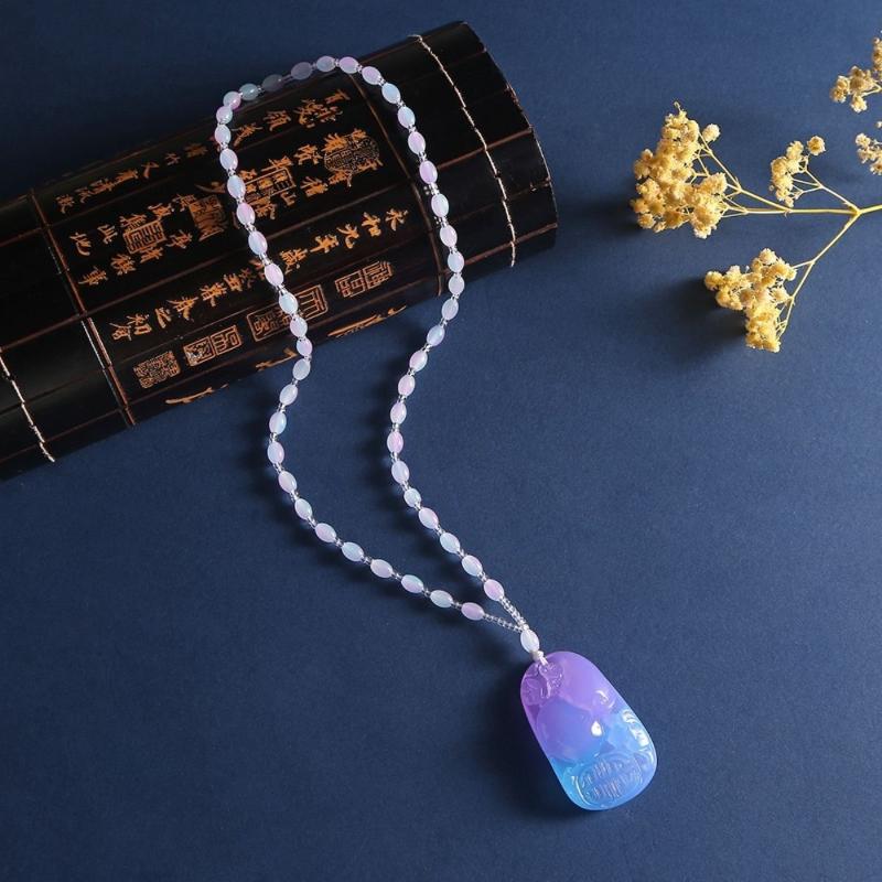 Amber Beeswax Gradient Purple-Blue Necklace Water Drop Flowers Pendent Necklace For Women Unisex Beaded Pendant Ornaments Gift