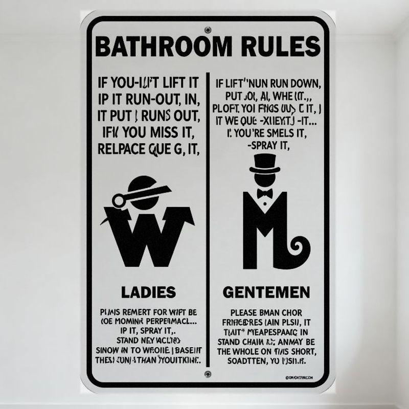 Vintage Black & White Bathroom Rules Metal Tin Sign, Ladies & Gentlemen Funny Hygiene Plaque with Misspelled Text, KROMECH Copyr 20x30cm（7.8x11.8inch）