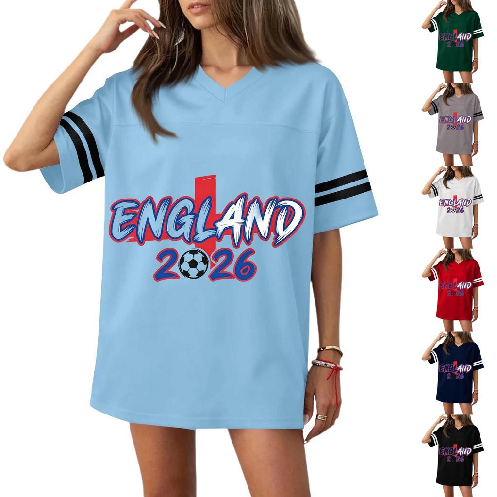 Women V Neck Short Sleeve Casual Loose Fit Sports T Shirt with 2026 Football Flag Print for Outdoor Activities