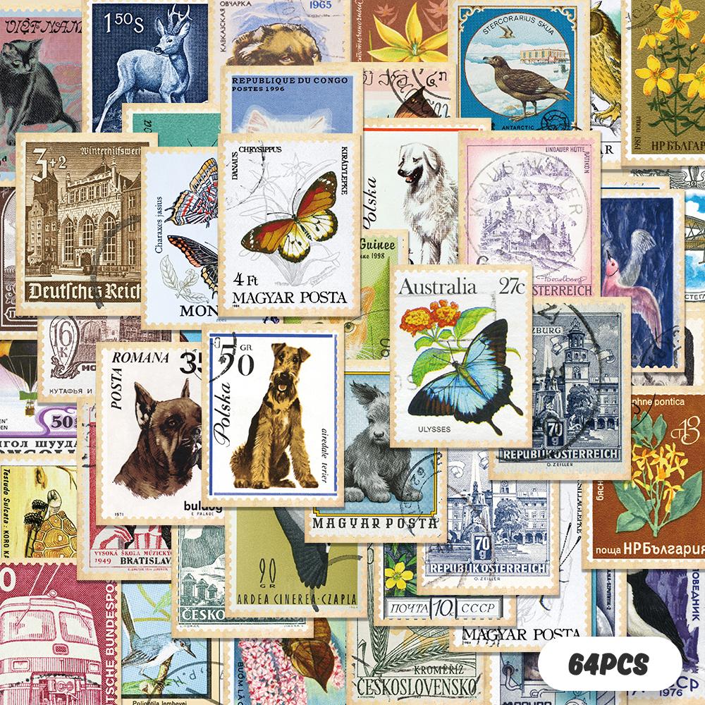 

64 pcs,Vintage Flora and Fauna Creative Stamps Stickers,DIY Scrapbooking,Guitar,Notebook,etc.,Holiday Gift or Reward Gift