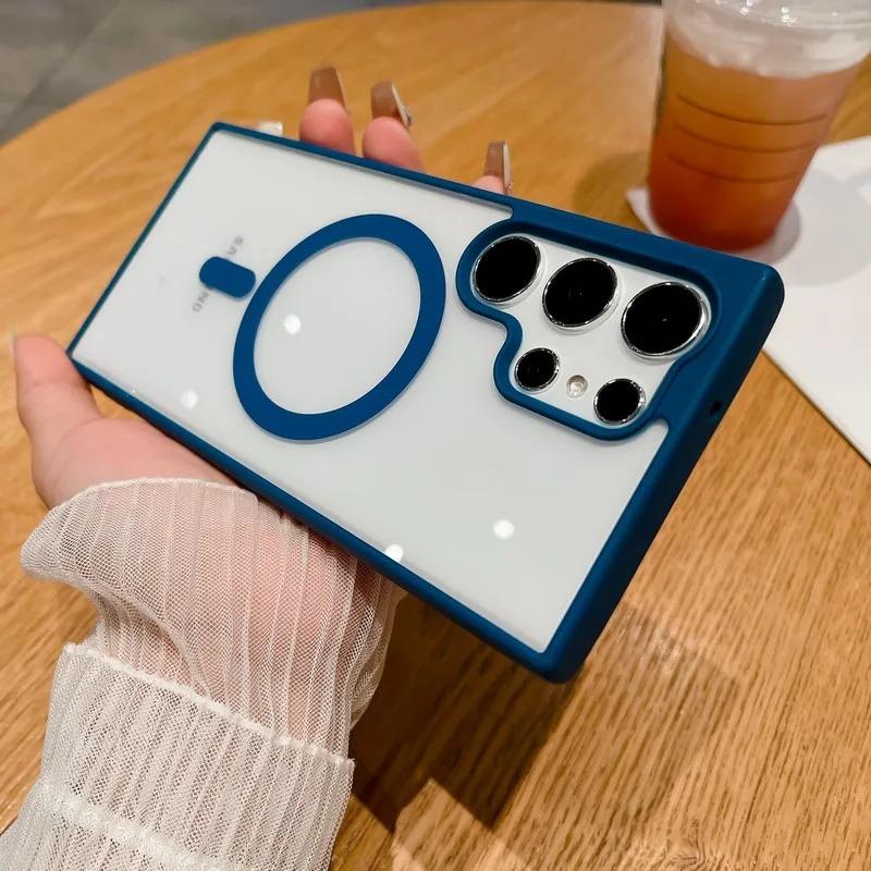 Frosted Frame Magnetic Magsafe Cases For Samsung GalaxyS25 S24 S23 S22 Ultra Wireless Charging Acrylic Bumper Cell Phone Cover