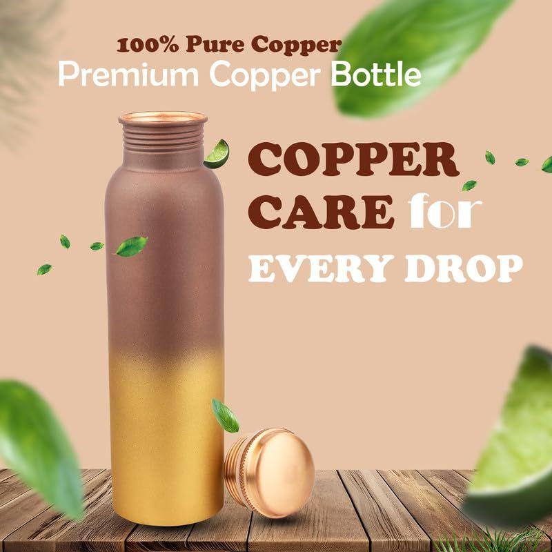 Pure Copper Water Bottle 950 ML - Jointless, Leakproof, Double Printed Design Best Gifts for Family and Friends| Gold & Brown - Set of 2