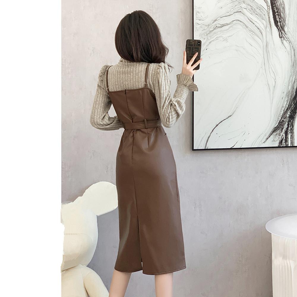 Streetwear PU šaty 2dílná sada Dámské outfity Neformální rolák Košile s rukávy a koženými šaty bez ramínek Dámské