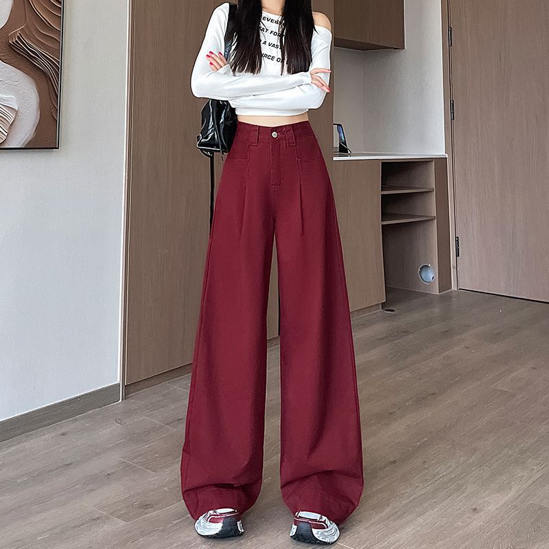 Encore Red Straight Jeans for Women In Autumn and Winter New Style Plush Thickened High Waist Slimming Floor Loose Pants