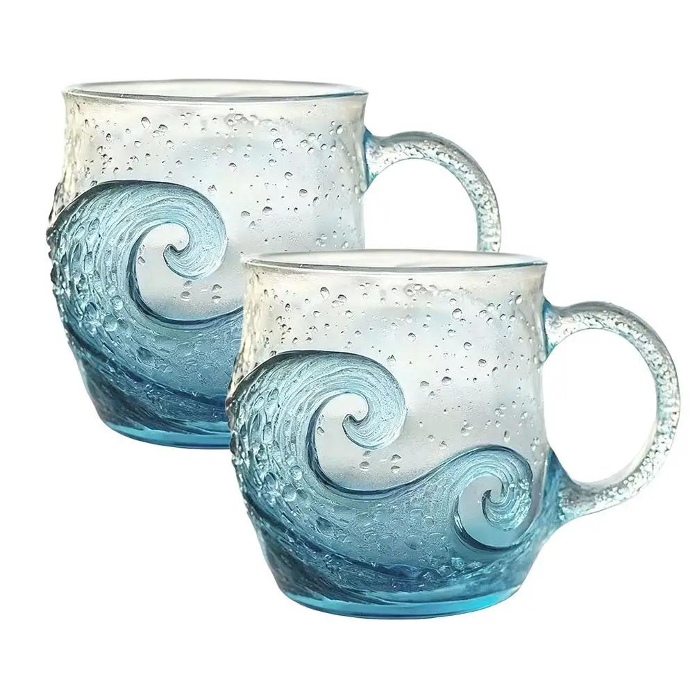 1/2pcs Sea Glass Wave Cup Glass Mug Wave Design Ocean Texture Cup Unique Coffee Hand Glass Theme Blown Mug Wave Wave Beach E3E7