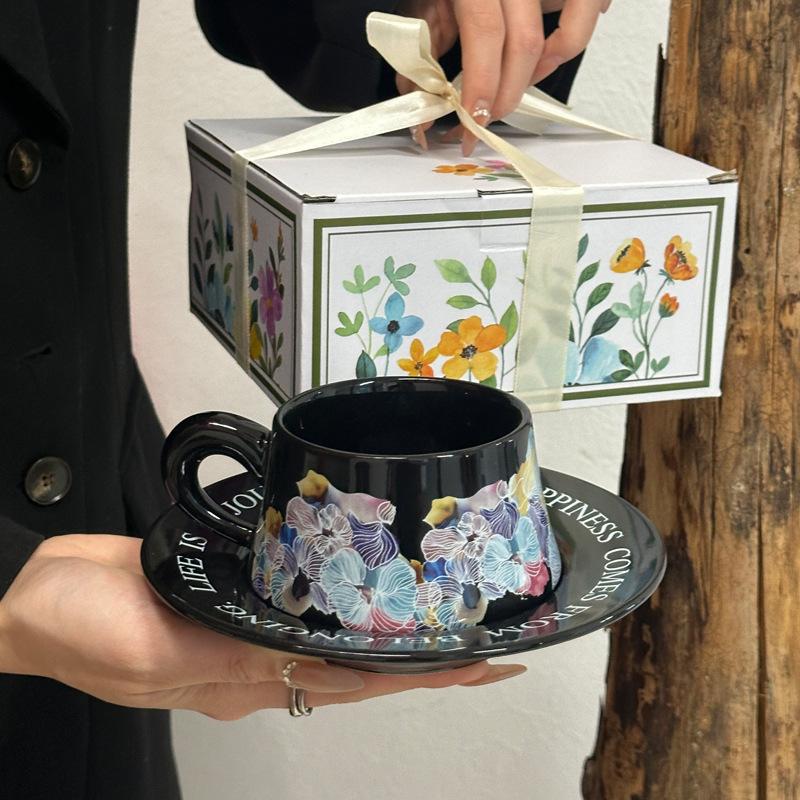 Vintage oil painting watercolor ceramic coffee cup and saucer set afternoon tea mug premium sense souvenir gift box