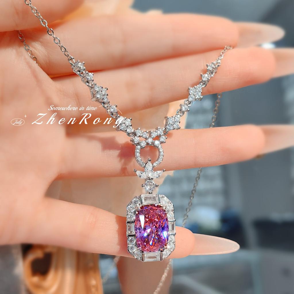 Foydjew Luxury Large Carat Square Princess Cut Pink Cubic Zirconia Pendant Necklace Women Copper Color Ring Wedding Zircon Sets