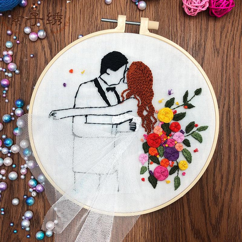 1pc Couple Wedding Pattern Embroidery DIY Fabric Craft Kit Creative Craft Needle and Thread