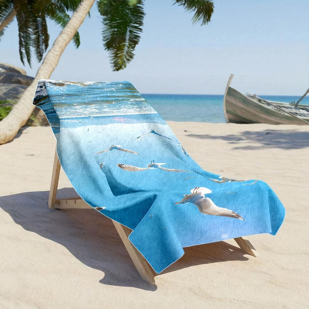 Seagull Ocean Print Beach Towel Coastal Seaside Wave Design Quick Dry Absorbent Microfiber Towel for Beach Camping Travel
