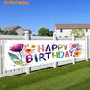 Happy Birthday Banner, Flowers & Happy Birthday Letter Design, Polyester Outdoor Lawn Wall Holiday Party Decoration