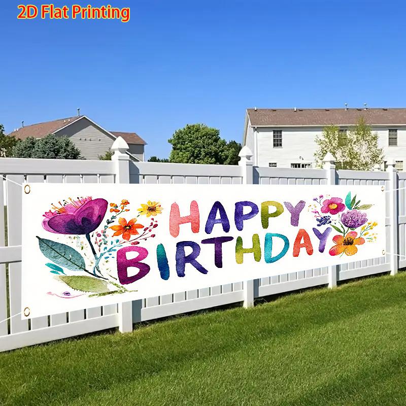 Happy Birthday Banner, Flowers & Happy Birthday Letter Design, Polyester Outdoor Lawn Wall Holiday Party Decoration