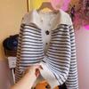 WTEMPO Women's Retro Striped Lapel Long Sleeved Knitted Sweater Loose Sweater Cardigan