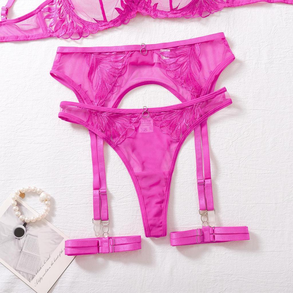 Women's Sexy Lace Bra Set Solid Color Embroidery Push-Up Lingerie Set Hollow Out Open Back Bra Set
