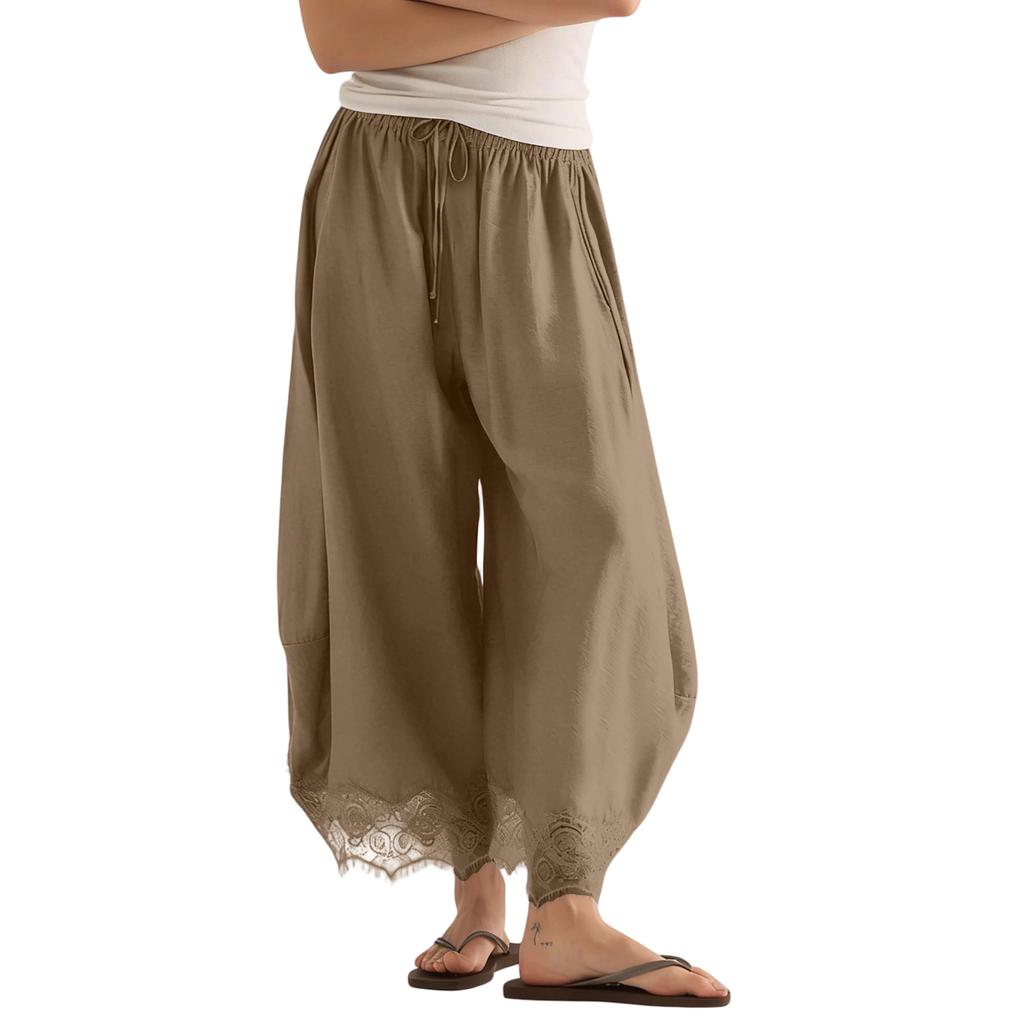 Women's Casual Wide Leg Pants Elastic Waistband Drawstring Bottom Hem Lace Trim Palazzo Trousers for Everyday Wear