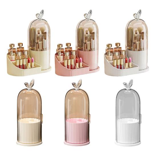 Rotating Makeup Brush Holder Dustproof Makeup Brush Organizer with Sliding Door Cosmetic Tools Beauty Brushes Holder for Vanity Table Bathroom