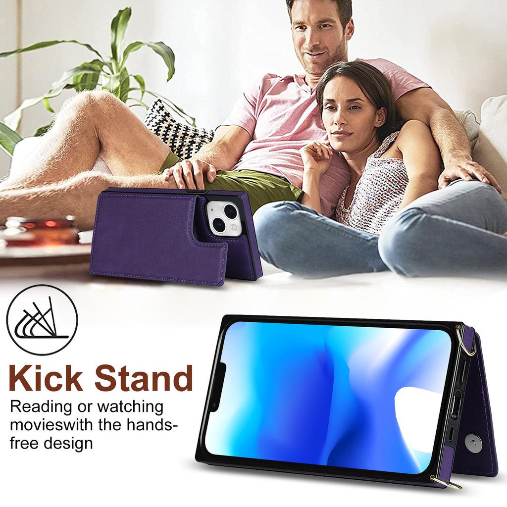 For iPhone 15 RFID Blocking Card Holder Back Cover Kickstand Phone Case with Shoulder Strap