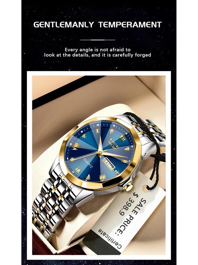 LIGE Men's Waterproof Luminous Quartz Watch – Dual Calendar, Multifunctional Business Wristwatch