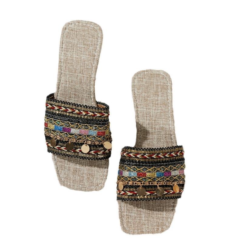 Summer New Large Size One-word Cool Slippers Flat-bottomed Fish Sequins Candy-colored Women's Slippers