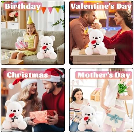 LIHIQIYA White Teddy Bear 25cm, Teddy Bear Holding Rose Plush Toy, Valentine's Day/Easter Gift for Girlfriend Wife