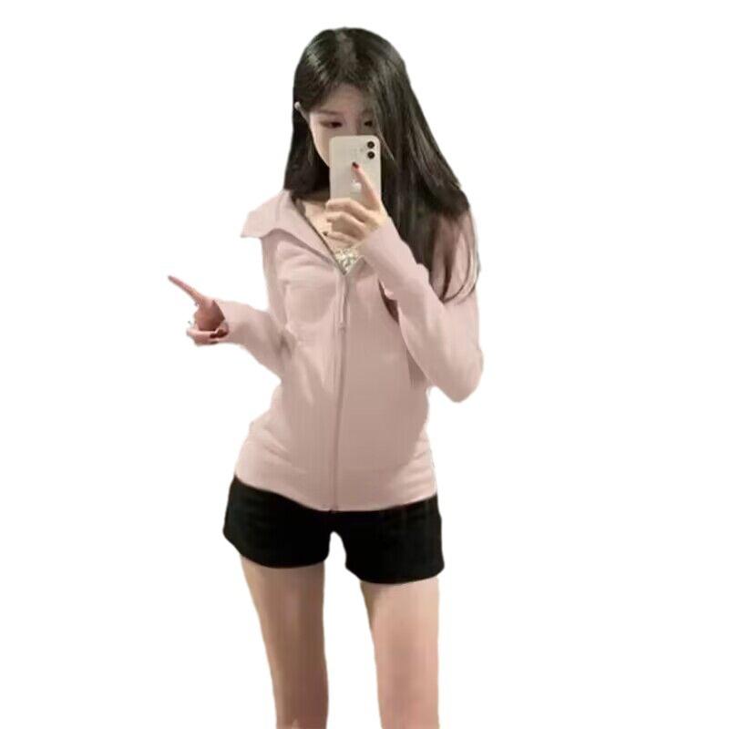 Vintage Cropped Hoodies Women Korean Style Streetwear Grey Zip Up Hooded Sweatshirt Casual Slim Hood Shirt