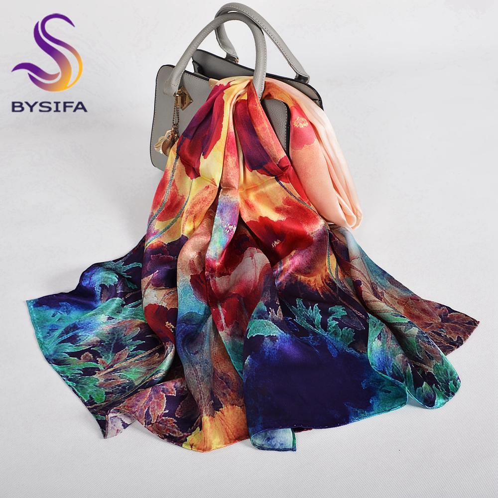 BYSIFA|Winter Blue Red Silk Shawl Scarf New Floral Long Scarves Hijabs Printed Fashion Accessories Brand Head Neck Scarves Wraps