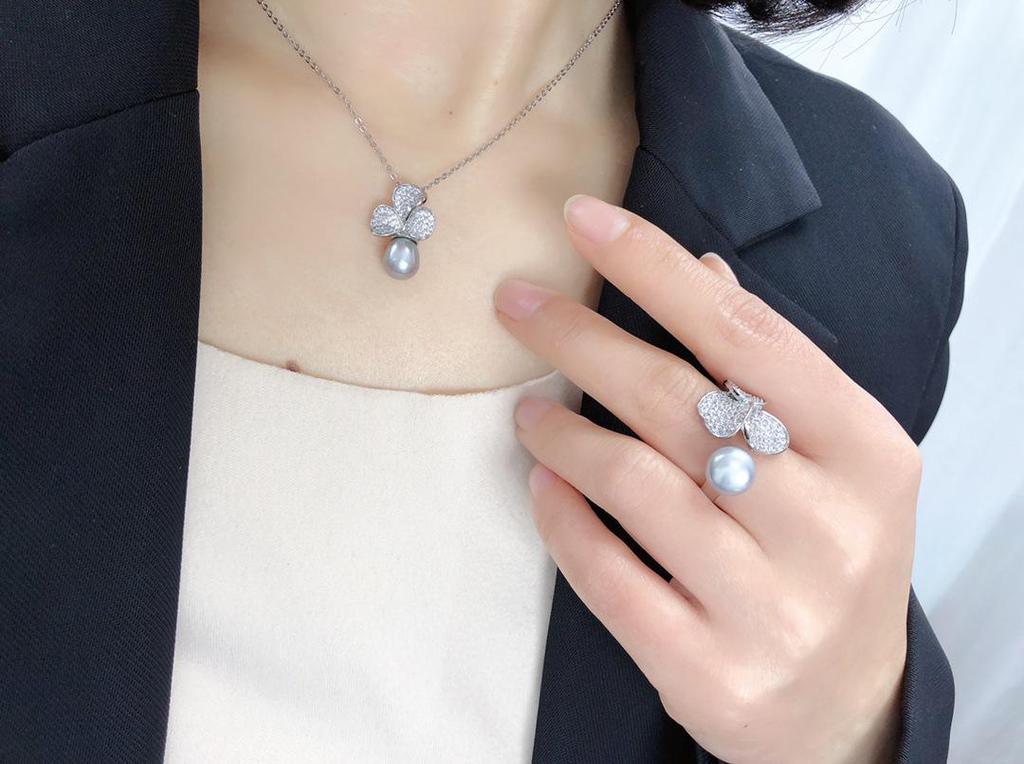 Freshwater Pearl Inlaid Pendant, Earrings & Ring Set - Fashionable Three-Piece Jewelry Collection