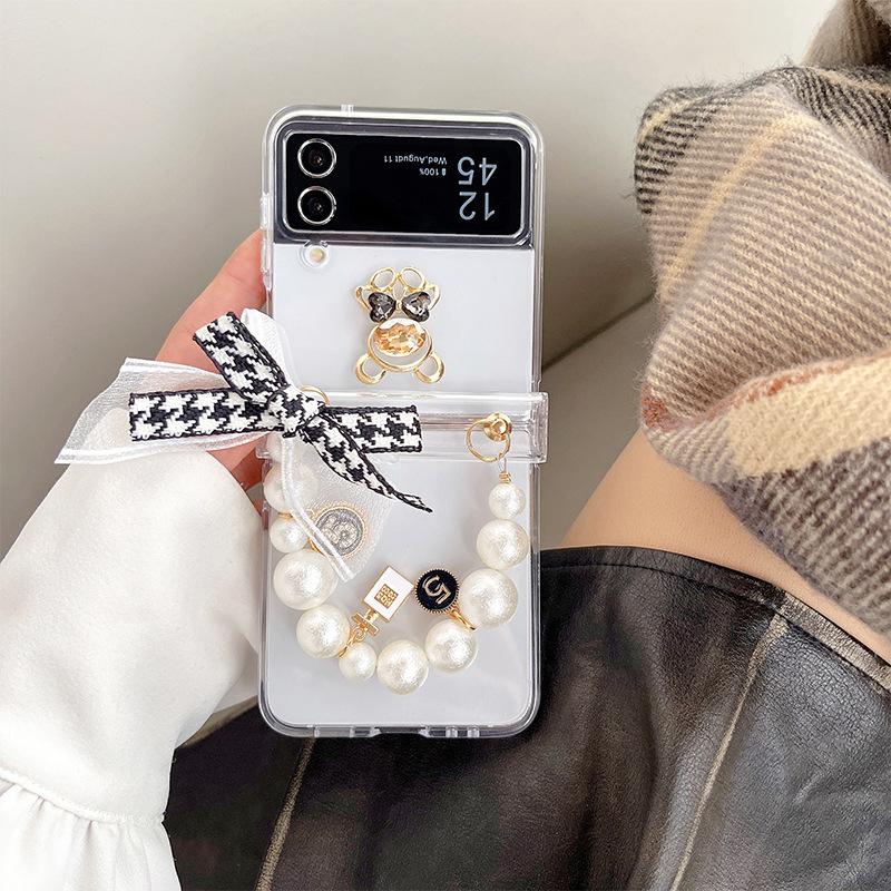

Water Diamond Bear Rabbit Phone Case for Samsung Zflip5 Flip Flip Xlip Folding Pearl Handheld Chain Diagonal Crossing For Samsung ZFlip3