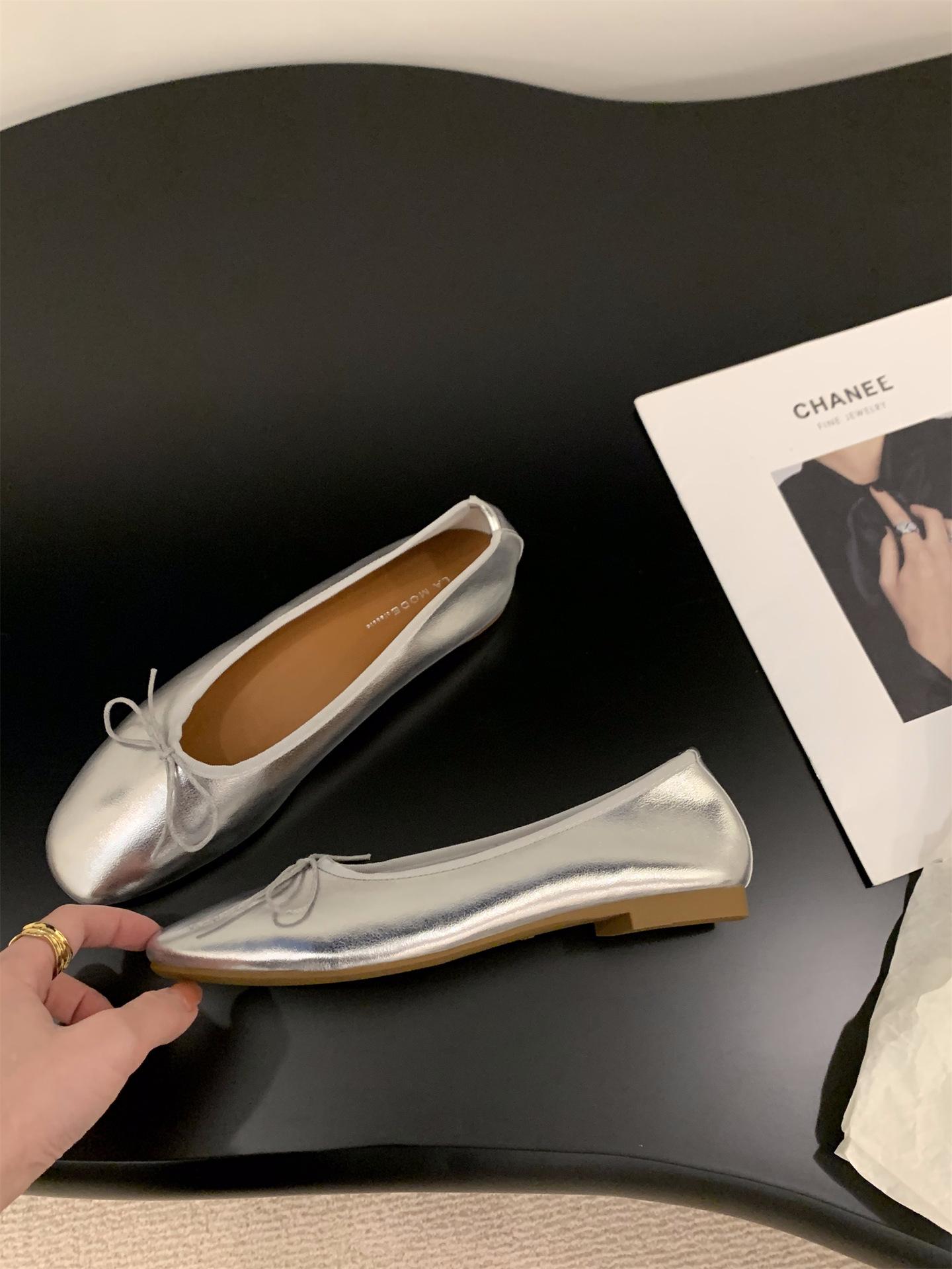 

Французские серебристые туфли-лодочки на плоской подошве, женская обувь, весна и осень 2025, новые весенние вечерние нежные балетки, туфли Doudou 40