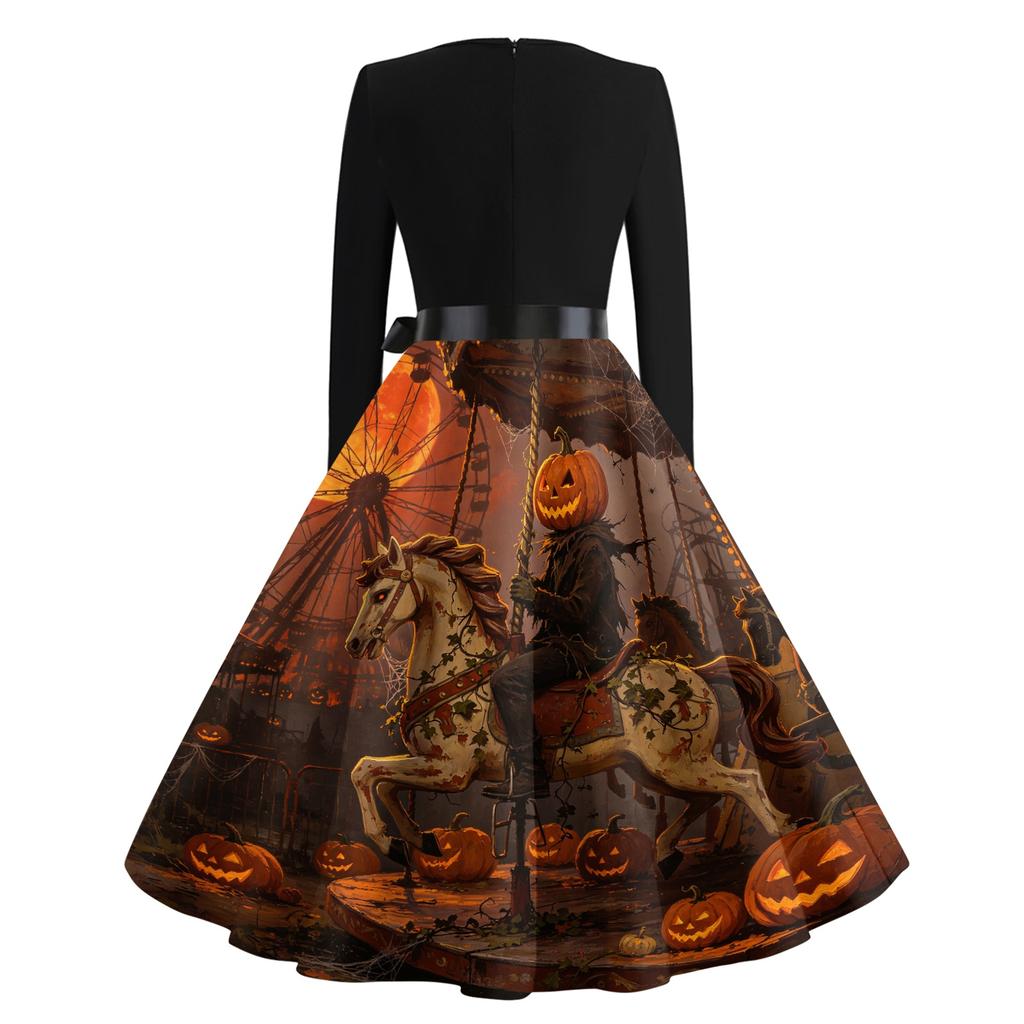 Women's Vintage V-Neck Long Sleeve Casual Halloween Print Dress