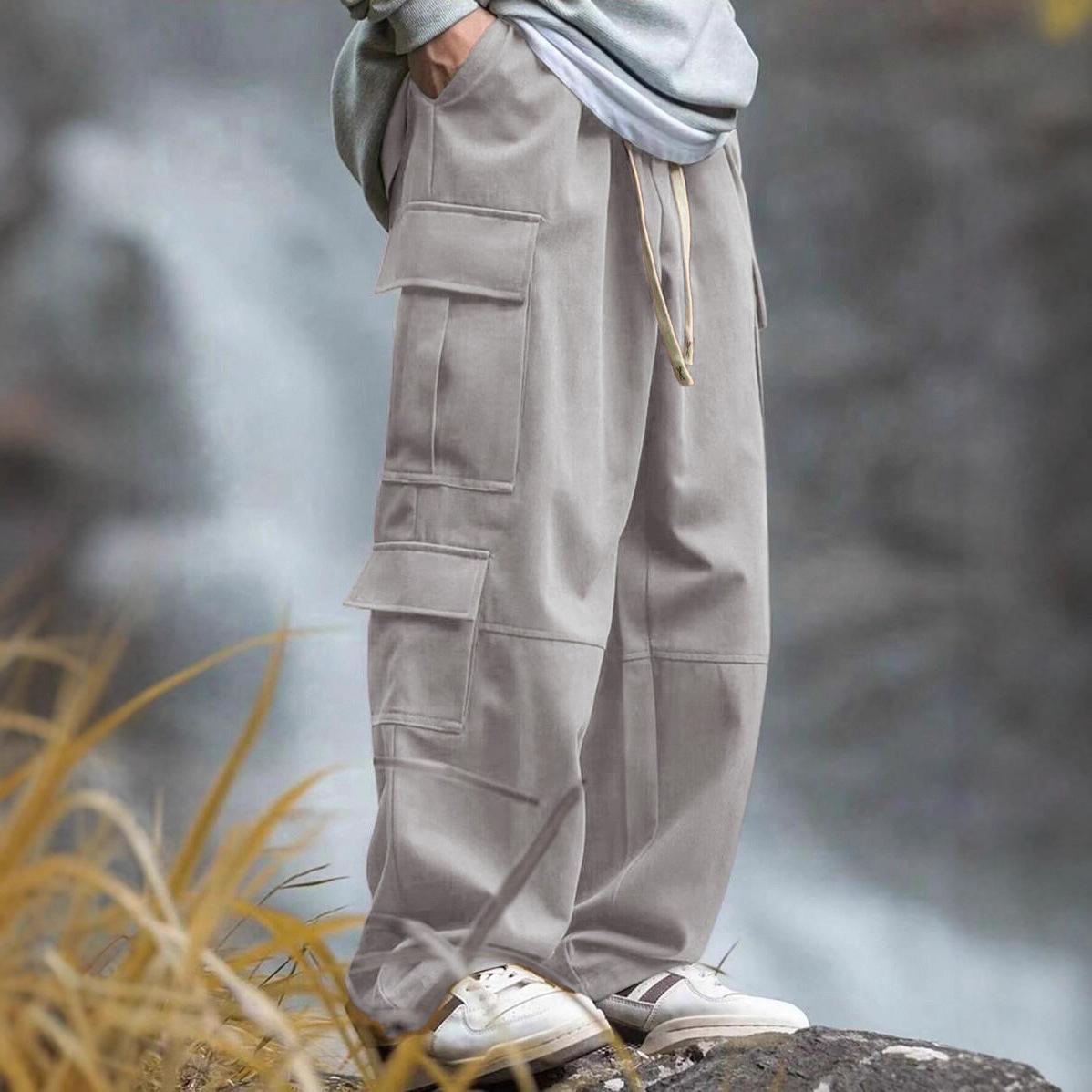 

European and American Straight Overalls Men s 25 Outdoor Splicing Loose Design Multi-bag Functional Trousers S серый