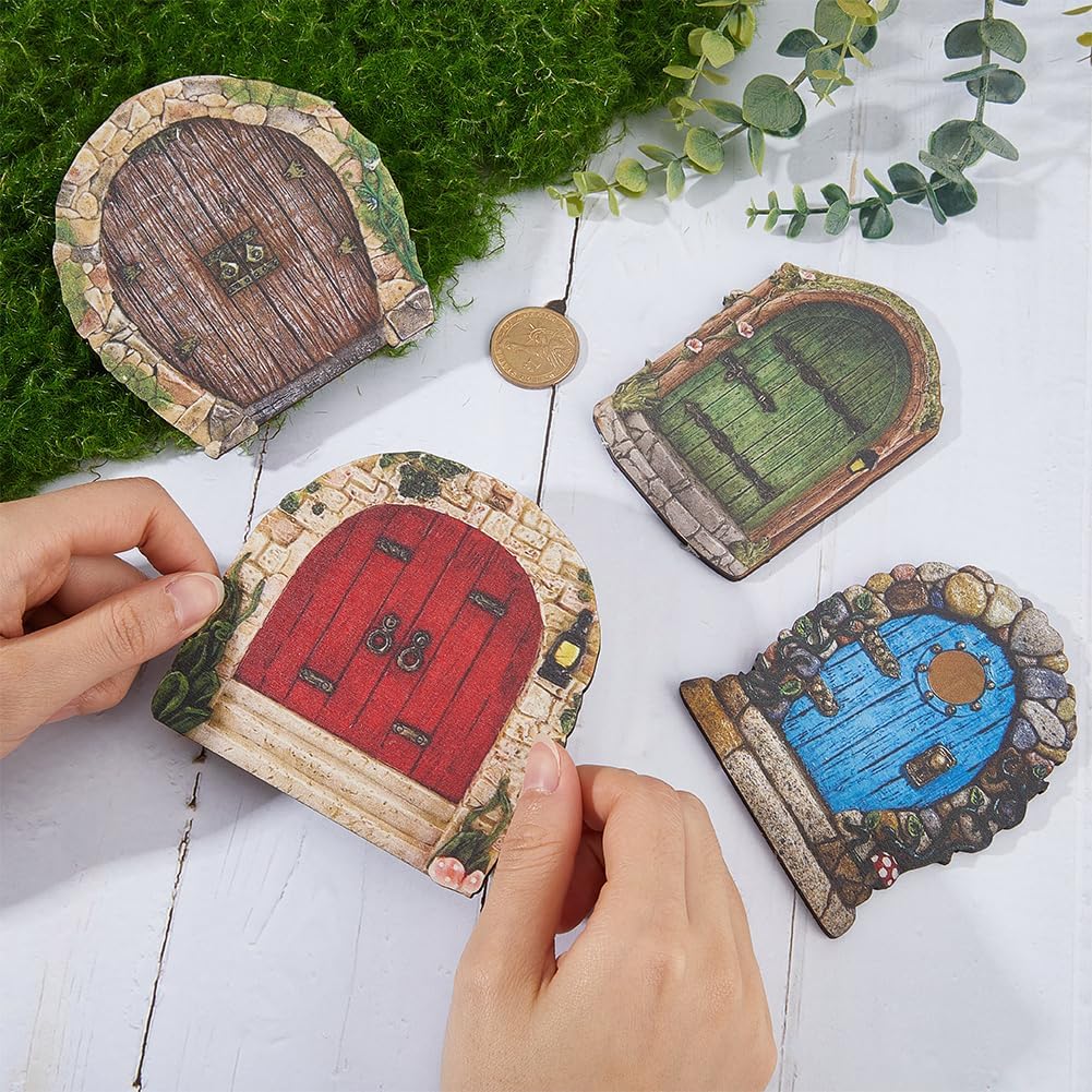 GORGECRAFT 4 SZT 4 Style Miniaturowe Drzwiczki do Bajkowego Ogrodu na Drzewo Drewniane Drzwiczki Okna Akcesoria Ścienne Zestaw DIY Rzeźba Artystyczna Dekoracja Zewnętrzna na Pień Drzewa Bonsai