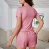 Women's Summer Pajama Set with Ruffle Details - Short Sleeve Crew Neck Top and Elastic Waist Shorts
