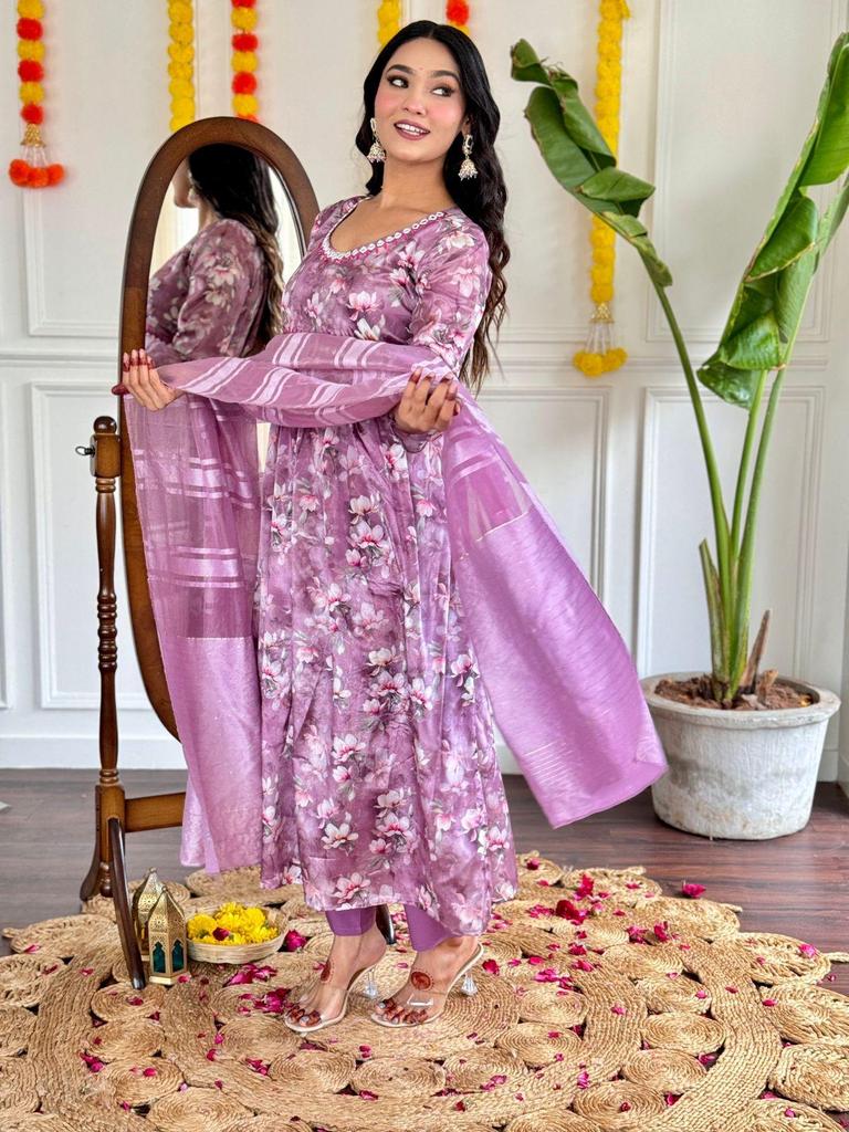 Beautiful Designer Floral Print Kurti Pant Dupatta Set Indian Women Top Tunic Salwar Suit