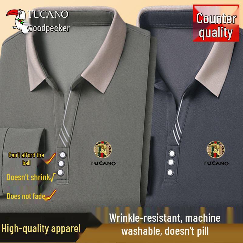Woodpecker Men's Long-Sleeve Solid Color Polo Shirt with V-Turn Collar for Spring and Autumn.