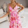 Summer V Neck Elastic Waist Printed Strappy Long Maxi Dress for Women European American Crossborder Women's Clothing