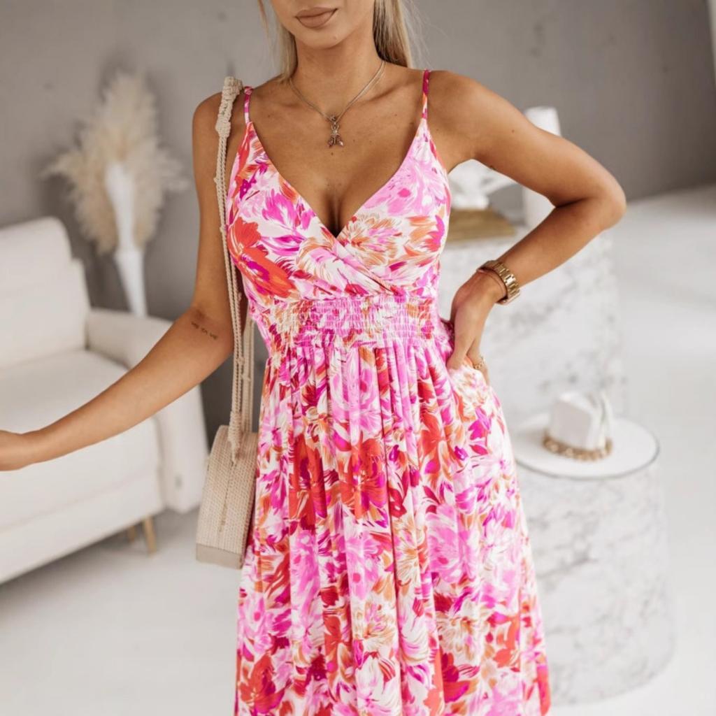 Summer V Neck Elastic Waist Printed Strappy Long Maxi Dress for Women European American Crossborder Women's Clothing