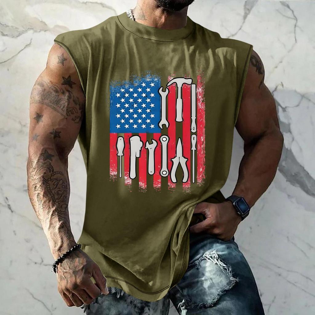 Men's Loose Fit Sleeveless Tank Top Casual Sportswear Muscle Shirt with Tool Print Graphic for Labor Day Outdoor Activities