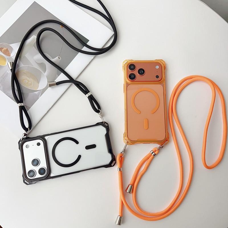 Magnetic Case For iPhone 17 Pro Max 16 13 12 11 14 15 Plus Magsafe Shockproof Four Corner Crossbody Strap Lanyard Clear Cover