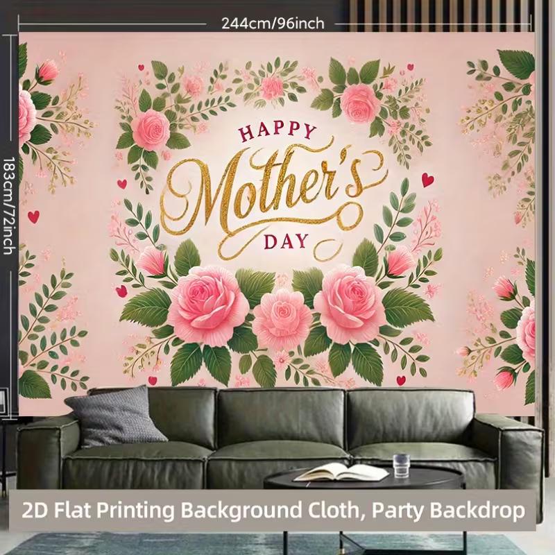 Elegant Mother's Day Backdrop, Soft Pink Rose Garland with Gold Script Text, Sweet Spring Party Wall Decor
