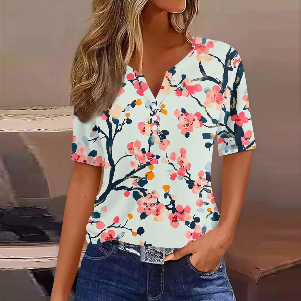 Women's T Shirt Print Button Short Sleeve Daily Weekend Fashion Basic V-Neck Regular Top