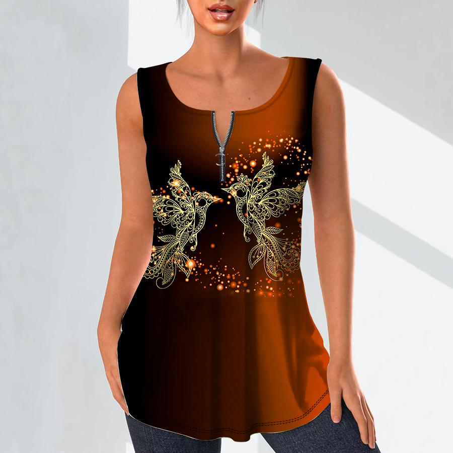 Women's Fashion V Neck Shirts Casual Tops T-shirt Ladies 3D Golden Bird Print Vest Plus Size Sleeveless Blouse Tank Tops