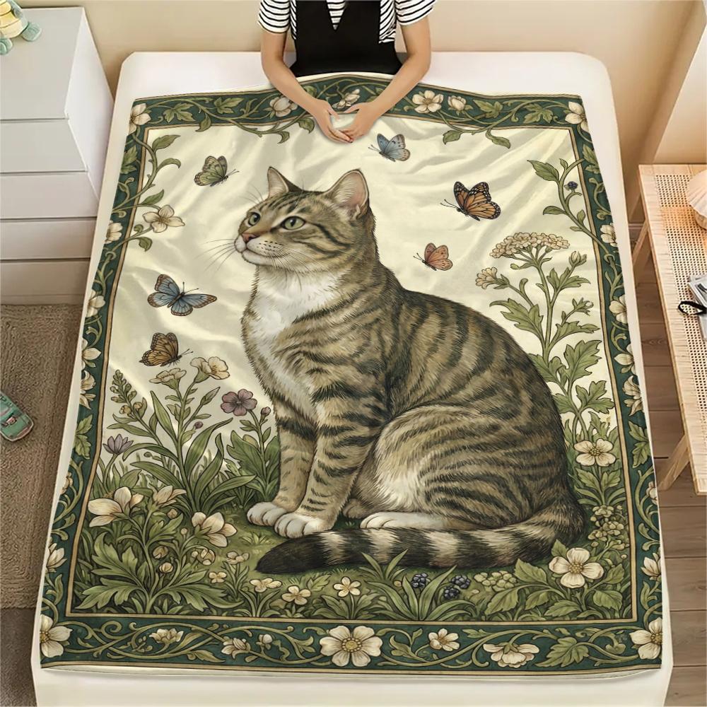 Cat Retro Print Flannel Blanket, High Quality Comfortable for All Seasons, Home Decor, Warmth and Comfort, Perfect for Christmas Gifts08